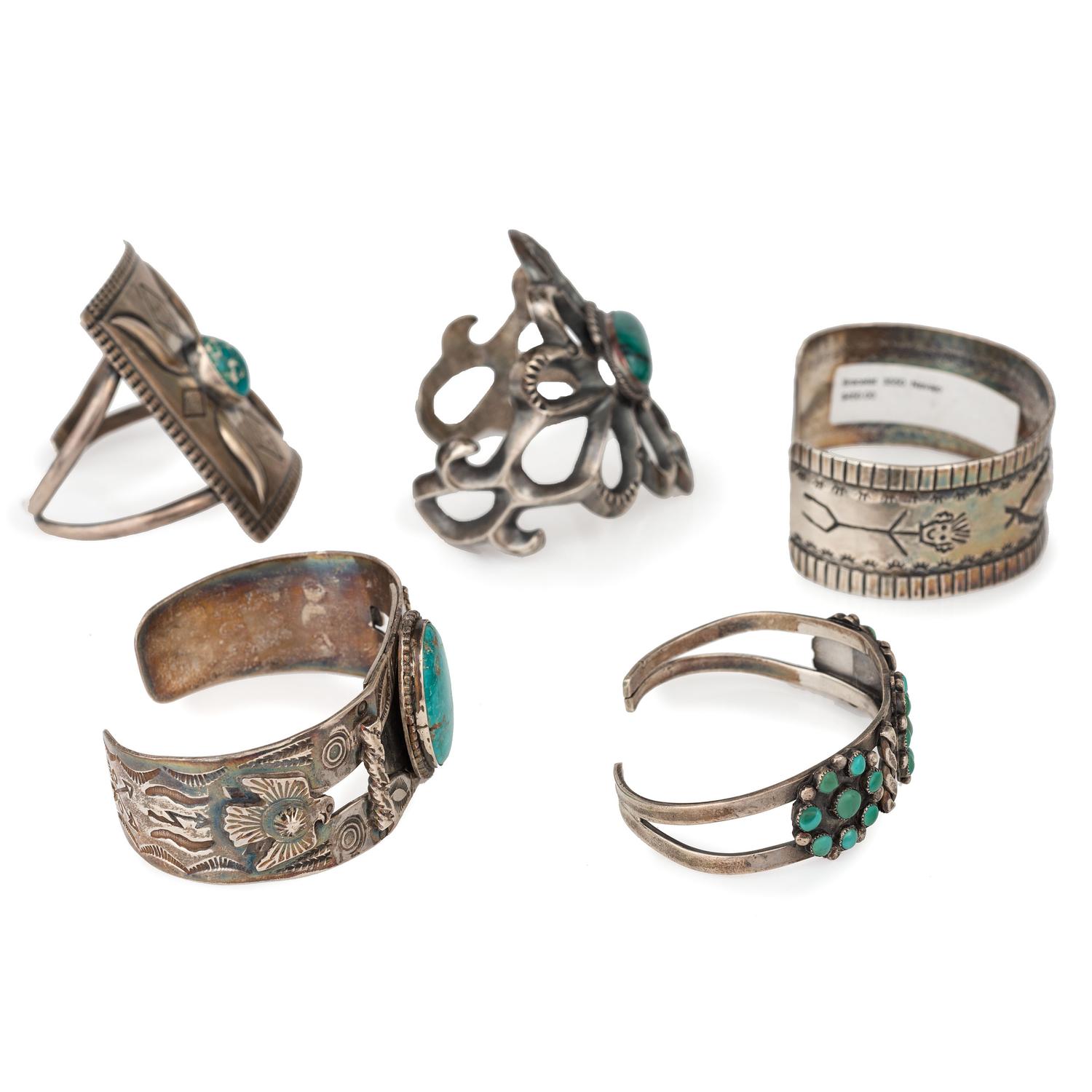 Collection of Navajo and Zuni Silver and Turquoise Cuff Bracelets