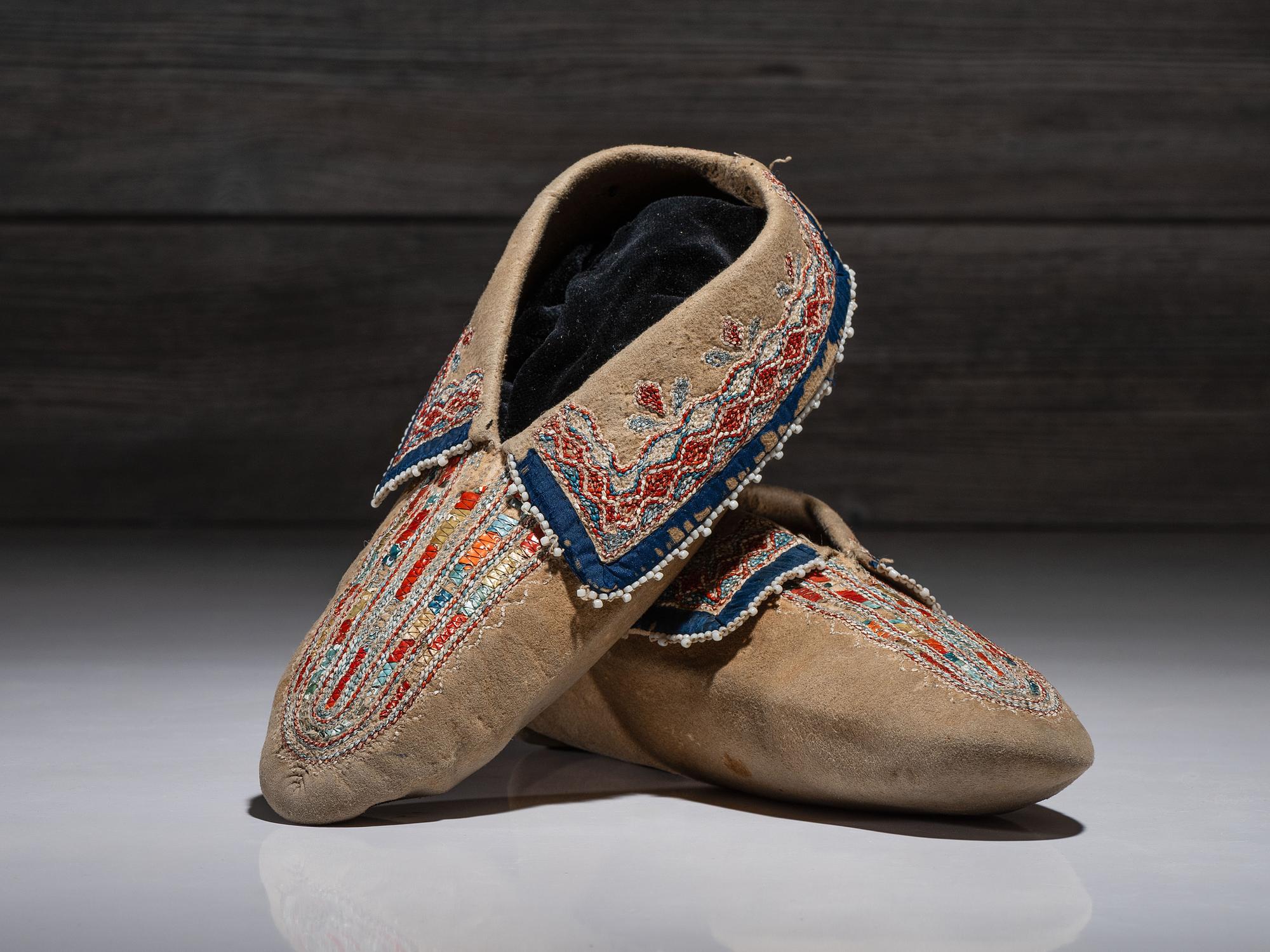 Haudenosaunee Quilled and Beaded Hide Moccasins