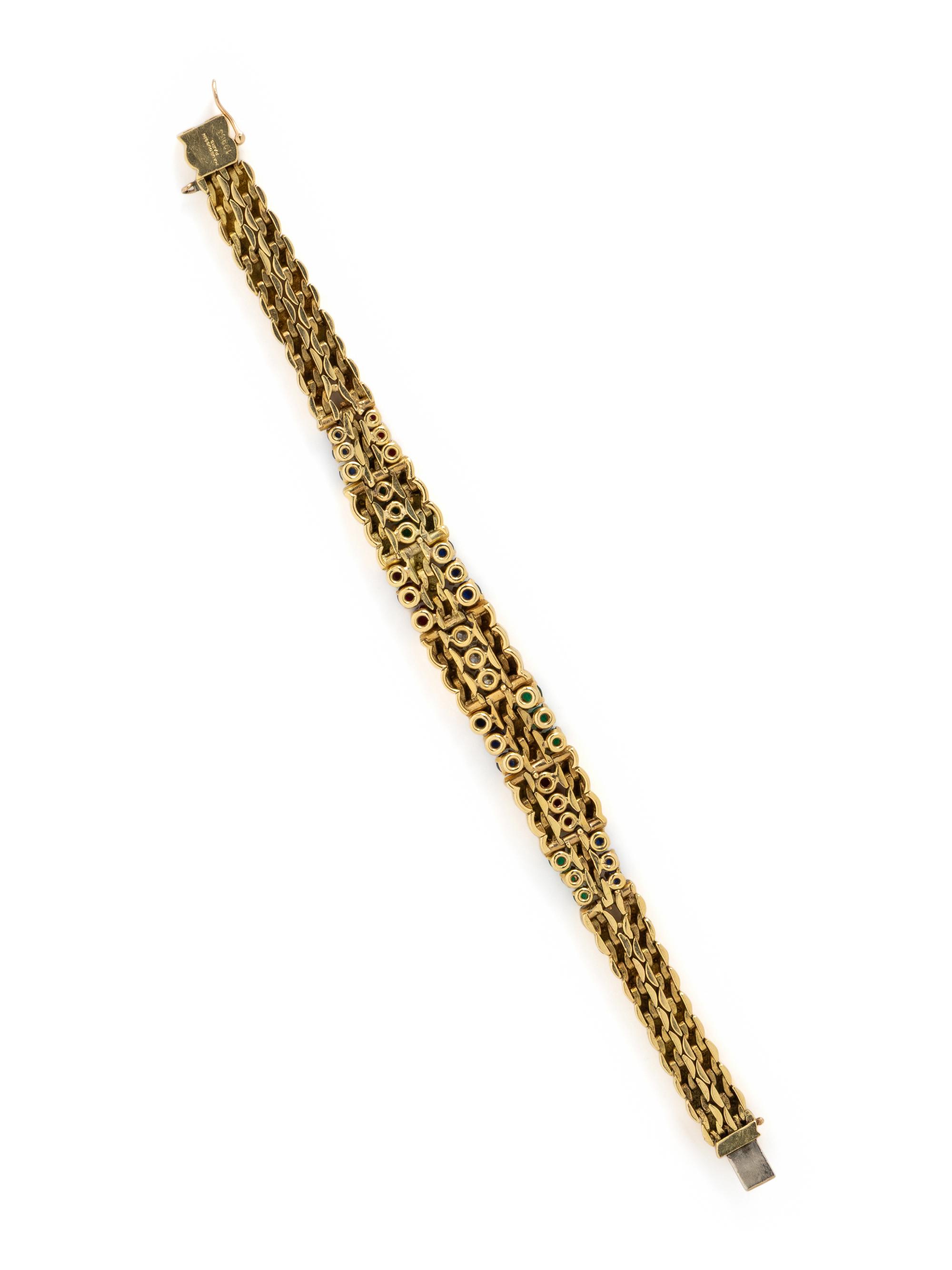 MAUBOUSSIN, FRENCH, YELLOW GOLD, EMERALD, DIAMOND, RUBY, AND SAPPHIRE BRACELET