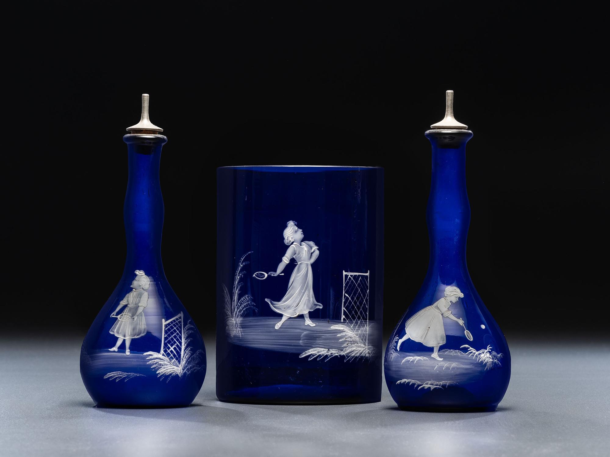 Three 'Mary Gregory' Cobalt Glass Barber Items