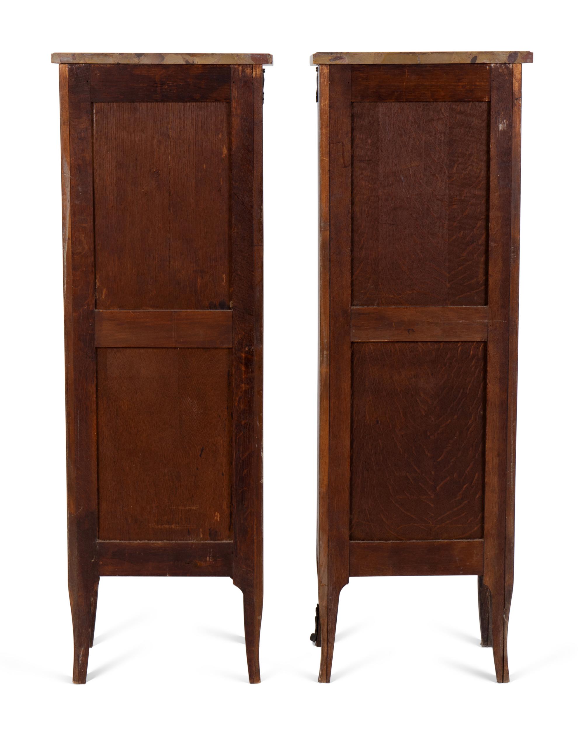 A Pair of Louis XVI Style Parquetry Marble Top Semaniers — 19TH CENTURY