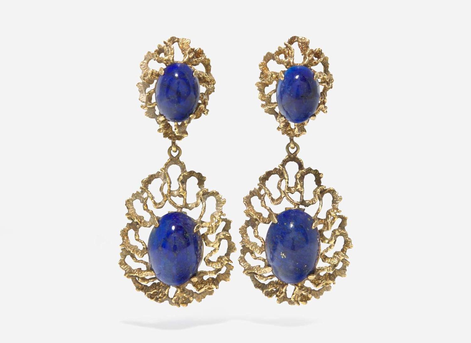 A Pair of 14K Yellow Gold and Lapis Lazuli Earrings