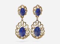 A Pair of 14K Yellow Gold and Lapis Lazuli Earrings