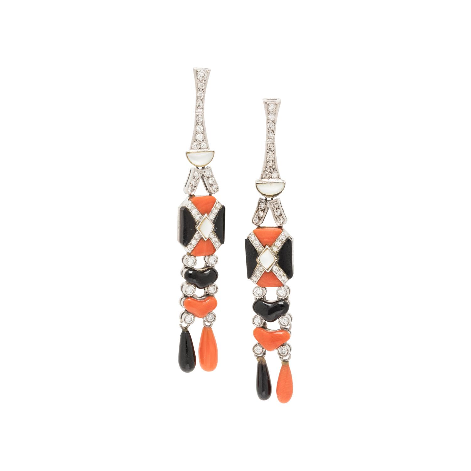 CORAL, ONYX, MOTHER-OF-PEARL, AND DIAMOND EARRINGS