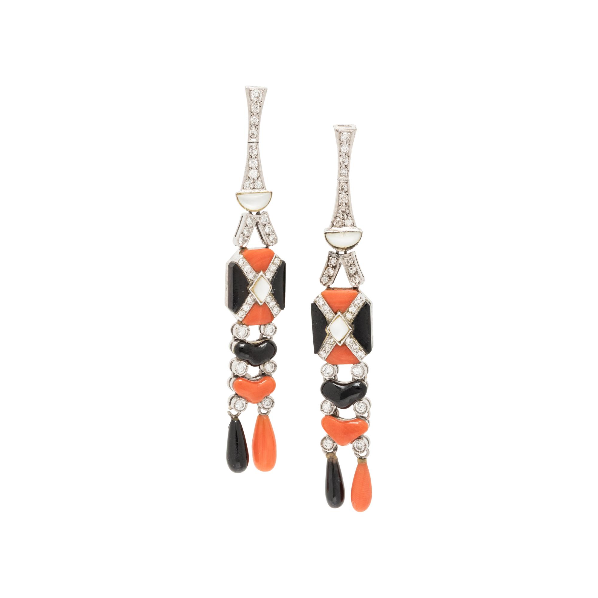 CORAL, ONYX, MOTHER-OF-PEARL, AND DIAMOND EARRINGS