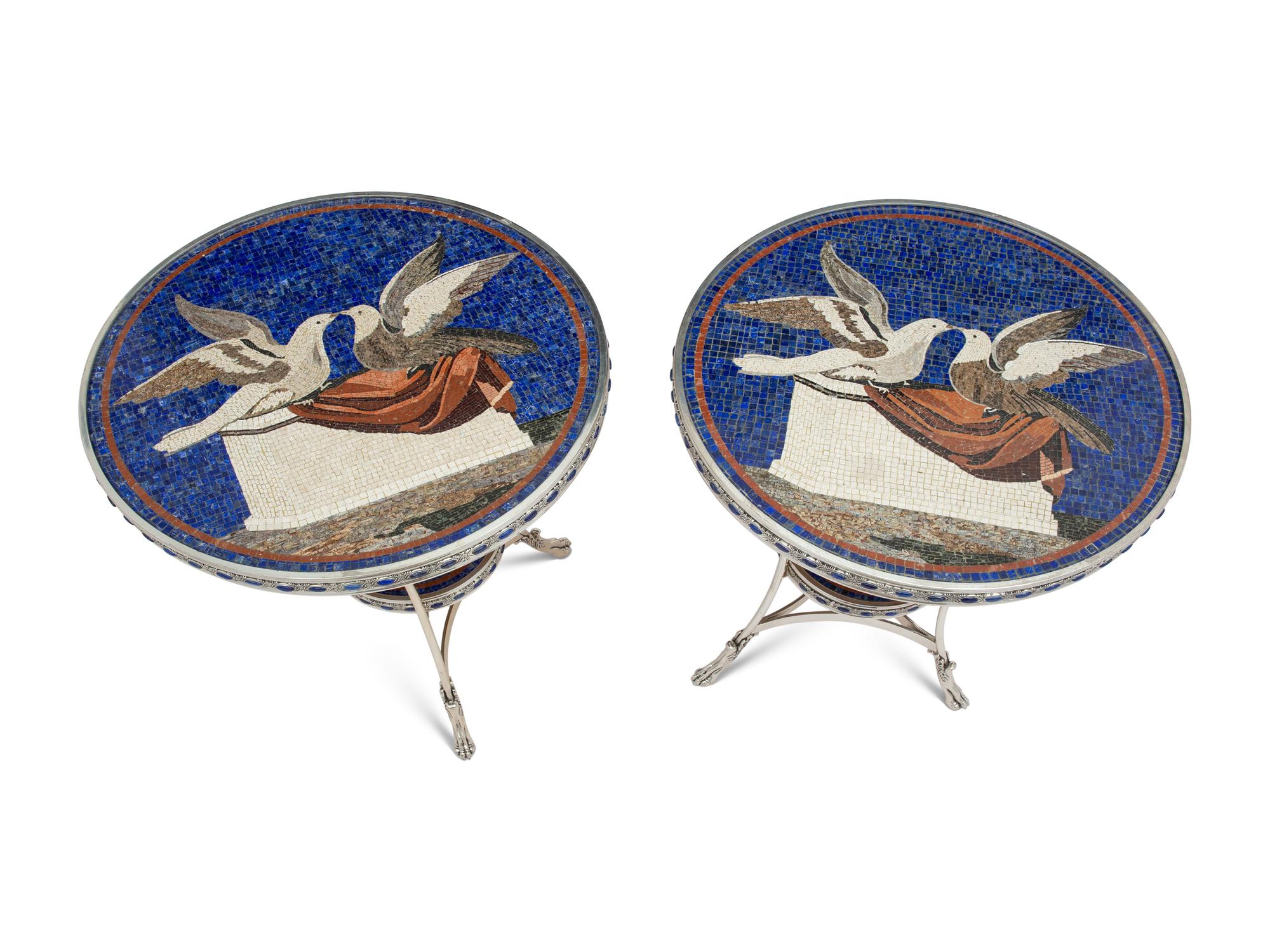 A Pair of Empire Style Silvered Bronze and Mosaic-Top Gueridons