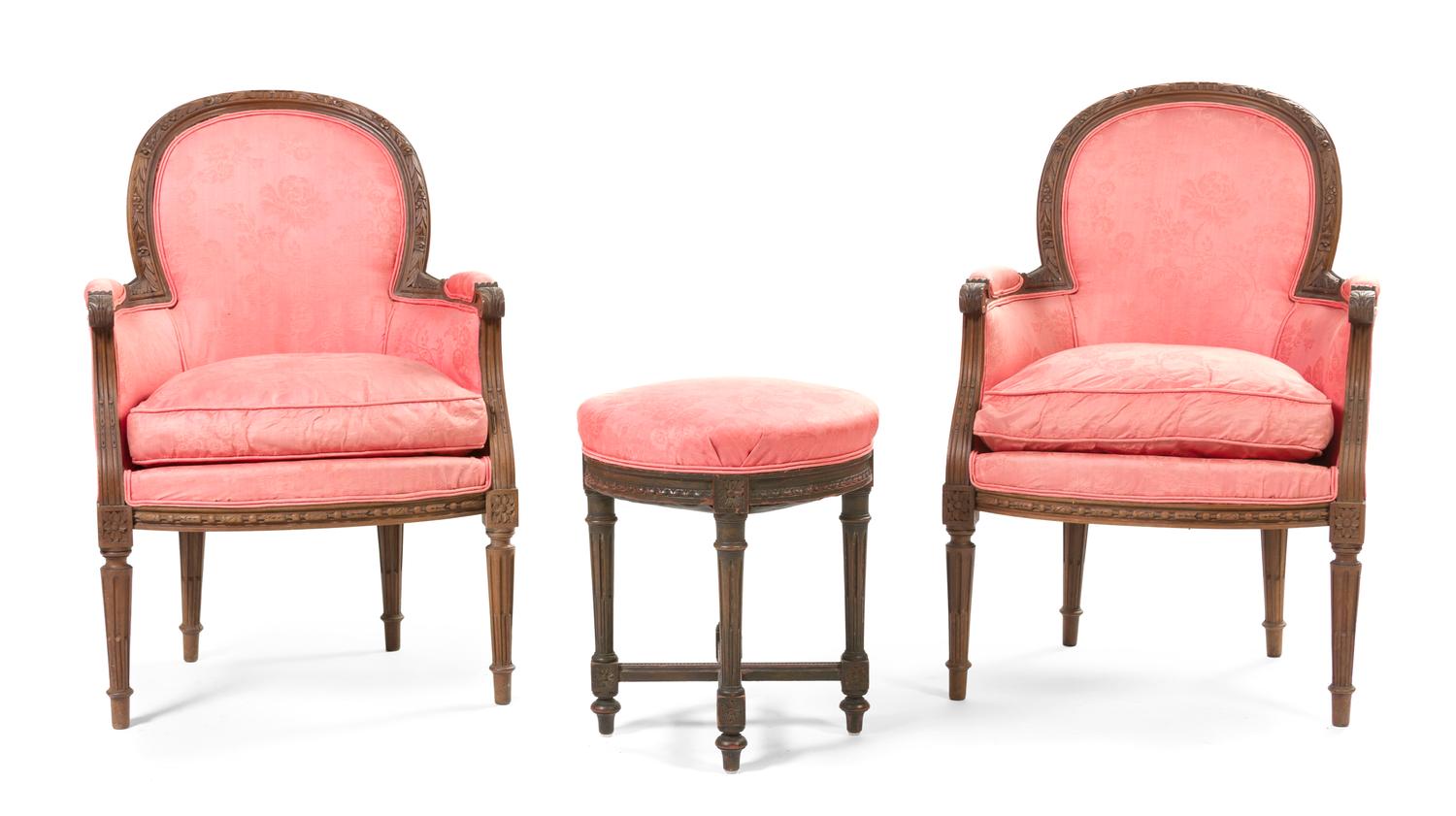 A Pair of Louis XVI Style Bergeres, Height of chair 35 inches.