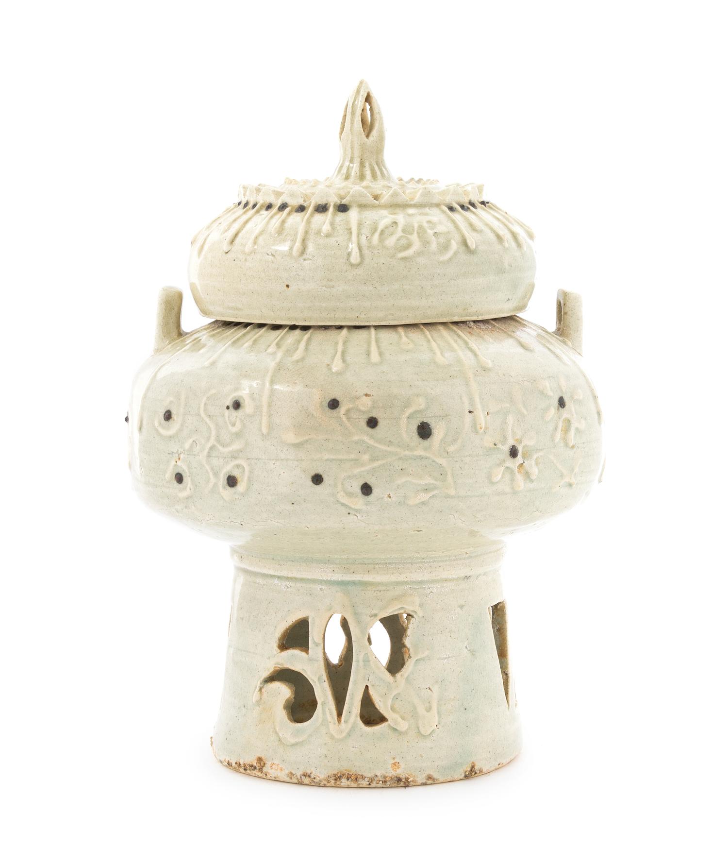 A Korean Celadon Glazed Stoneware Censer Height 9 1/4 inches.