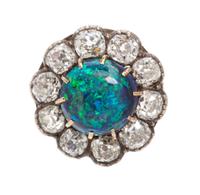A Victorian Silver Topped Gold, Black Opal and Diamond Ring, 4.60 dwts.