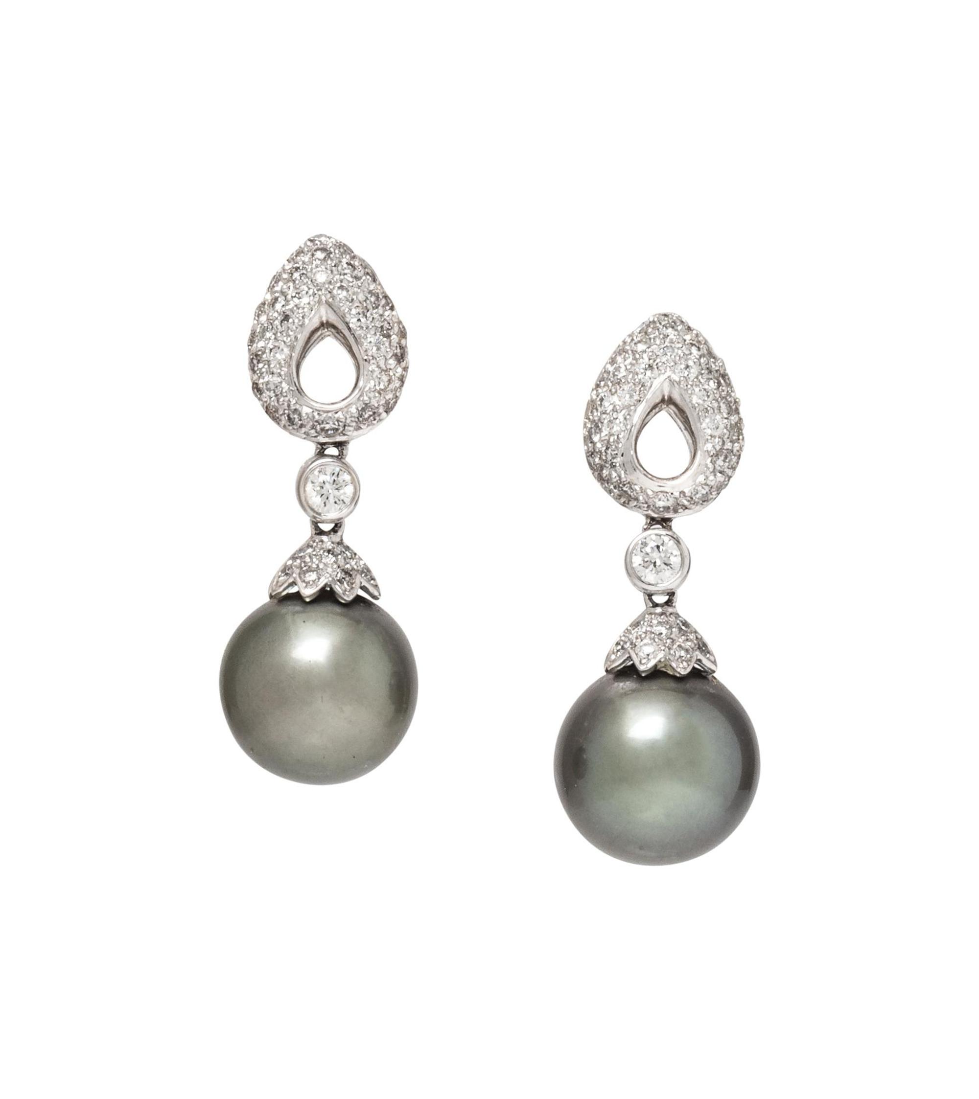 CULTURED TAHITIAN PEARL AND DIAMOND EARCLIPS
