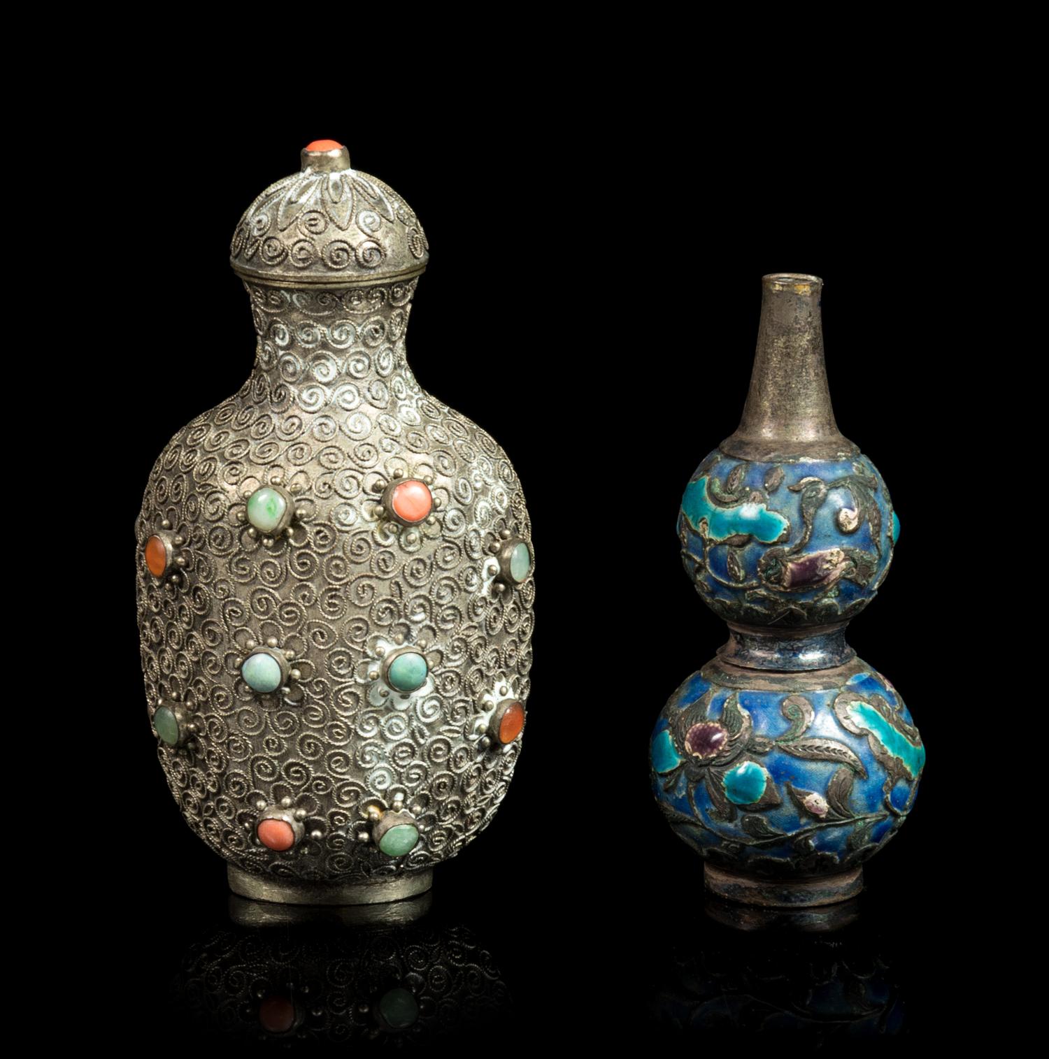 Two Chinese Silver Snuff Bottles Height of larger 3 1/4 inches. — 19TH CENTURY
