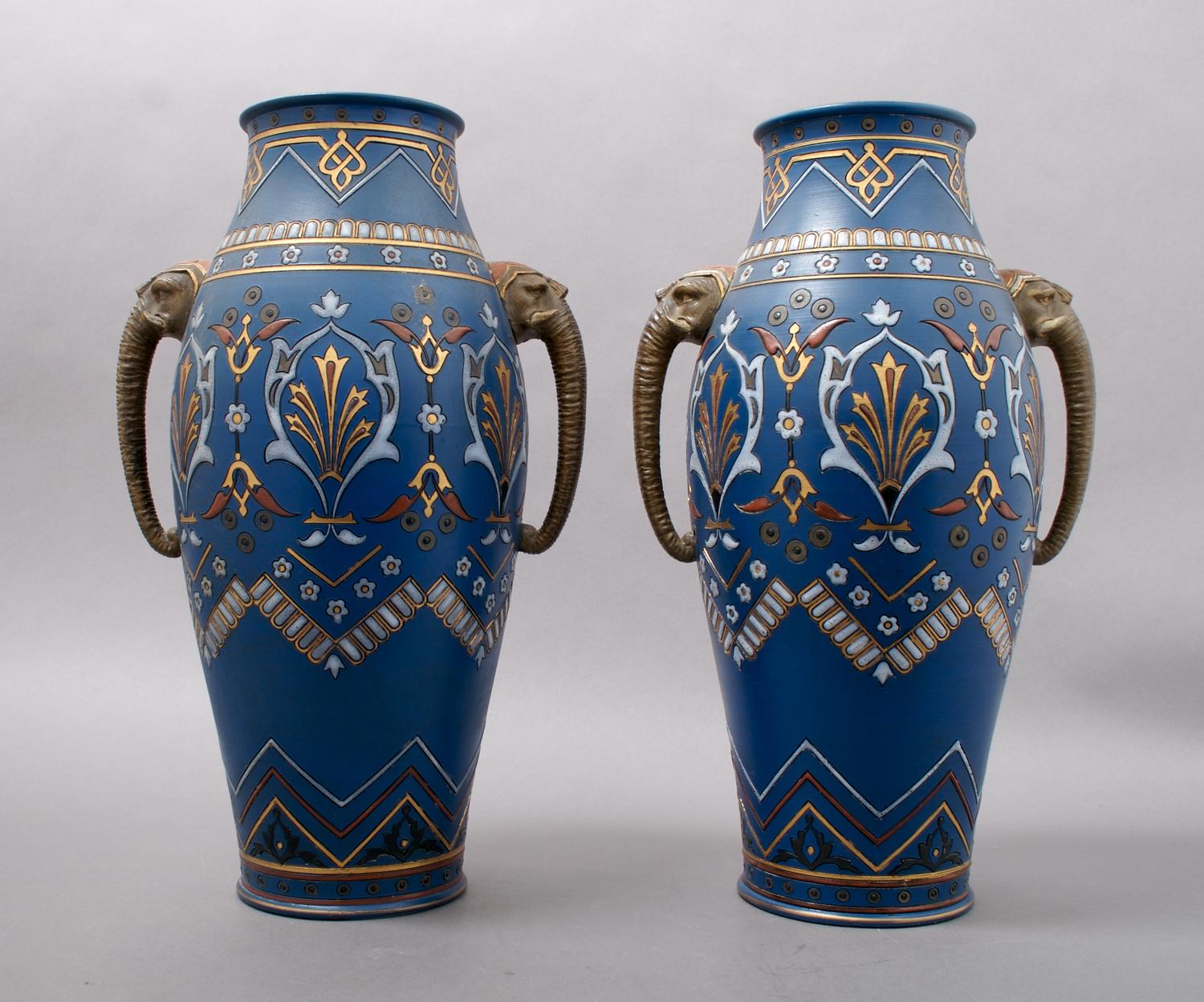 A Pair of Mettlach Pottery Vases, Height 13 1/2 inches.