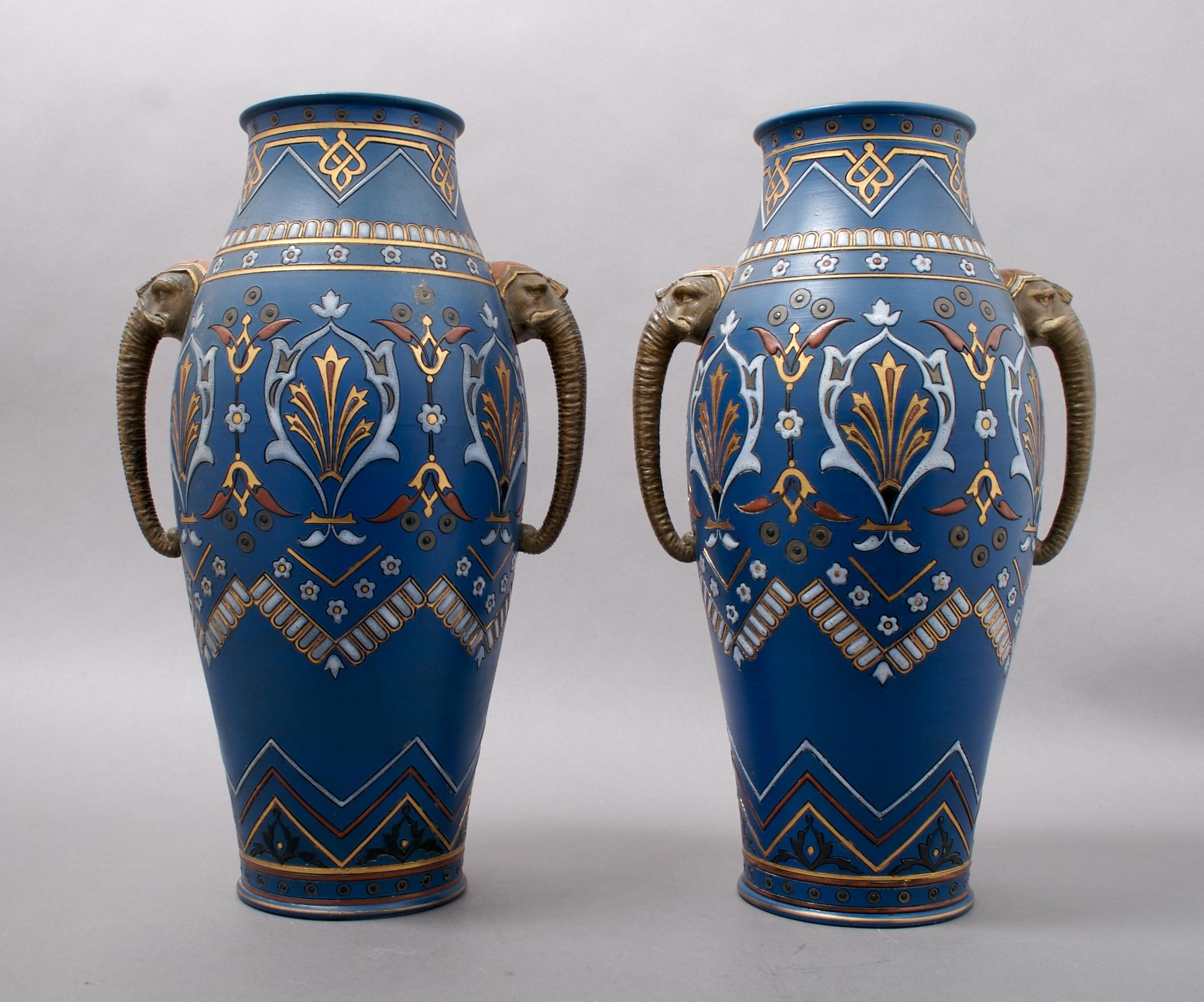 A Pair of Mettlach Pottery Vases, Height 13 1/2 inches.
