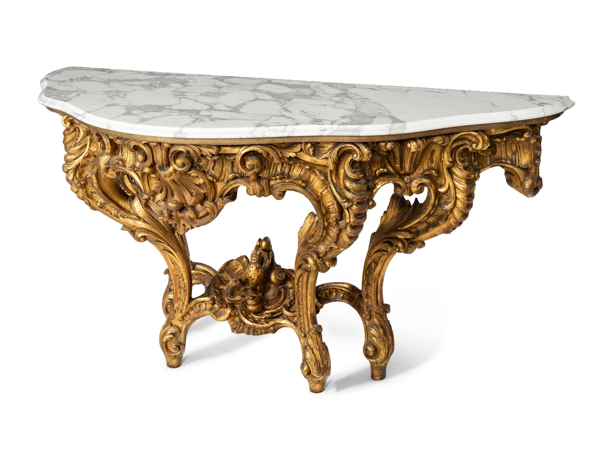 A Louis XV Giltwood Console Table with Calacatta Marble Top