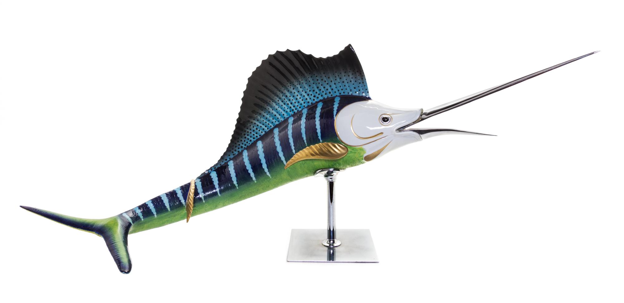 An Italian Chrome Mounted Porcelain Sailfish Length 39 1/4 inches. — MANGANI FOR OGGETTI, LATE 20TH CENTURY