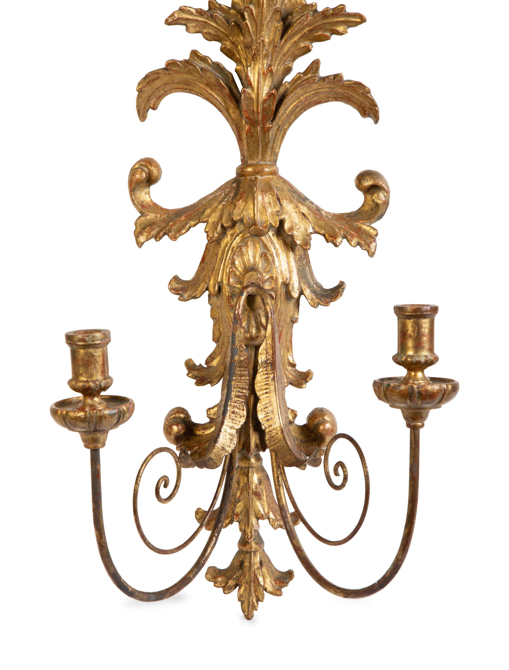 A Pair of Louis XV Style Giltwood Two-Light Wall Sconces — EARLY 20TH CENTURY