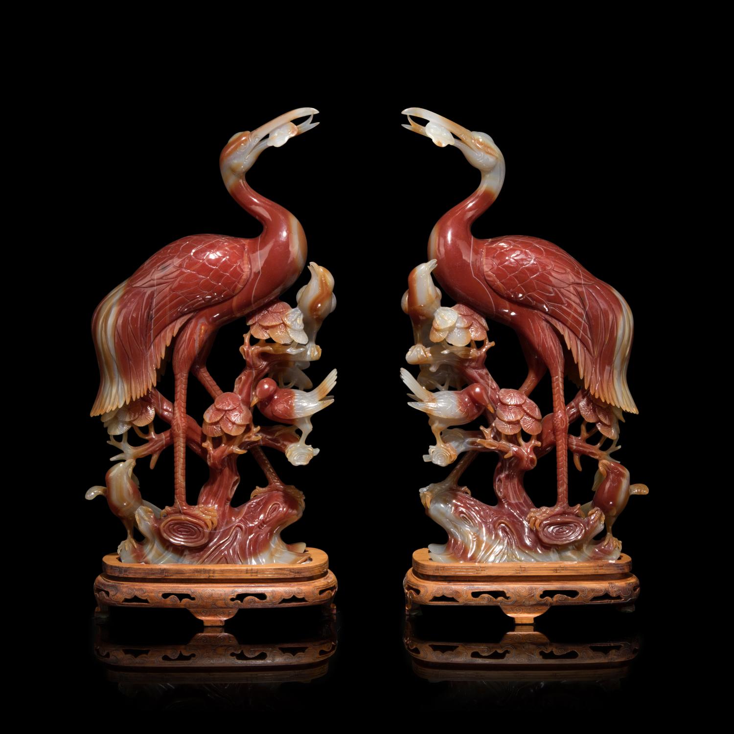A Pair of Chinese Carved Carnelian Cranes, 20th Century 近代 紅瑪瑙雕瑞鶴一對