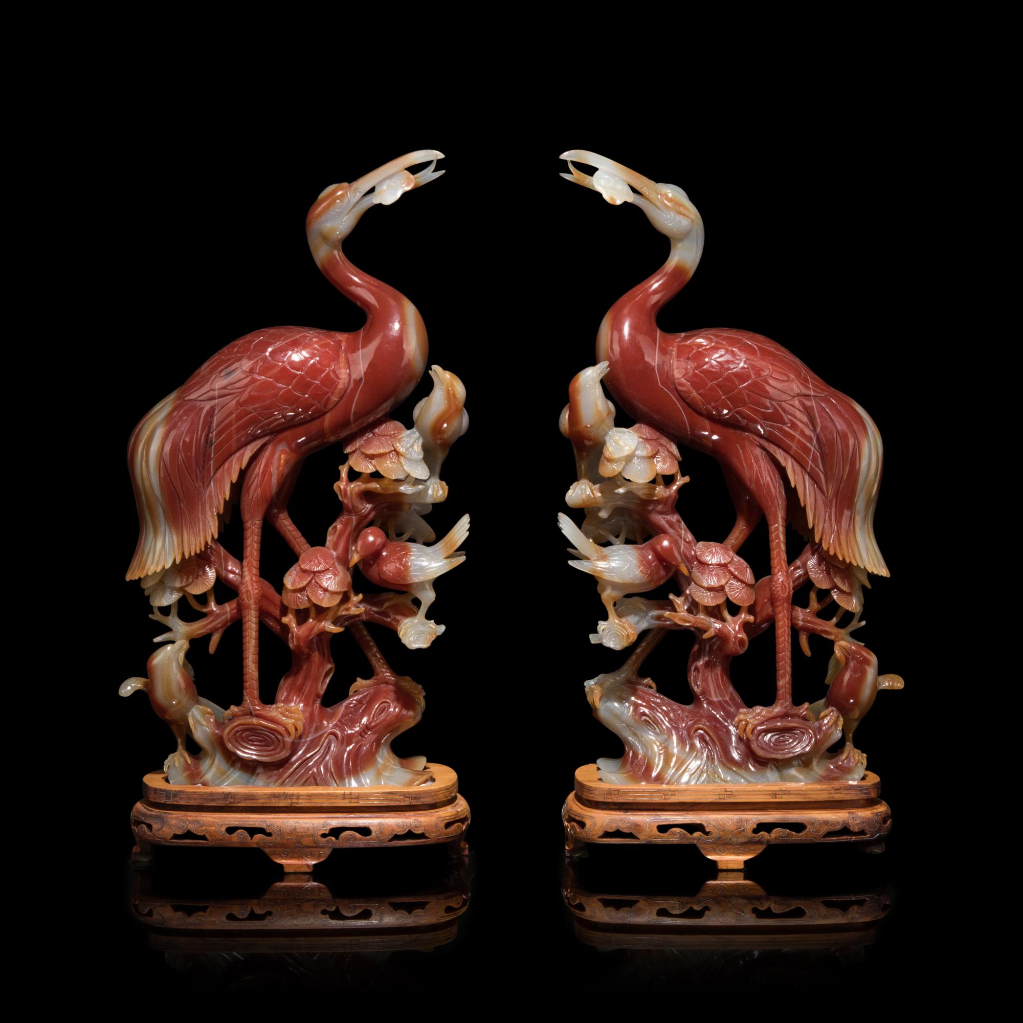 A Pair of Chinese Carved Carnelian Cranes, 20th Century 近代 紅瑪瑙雕瑞鶴一對