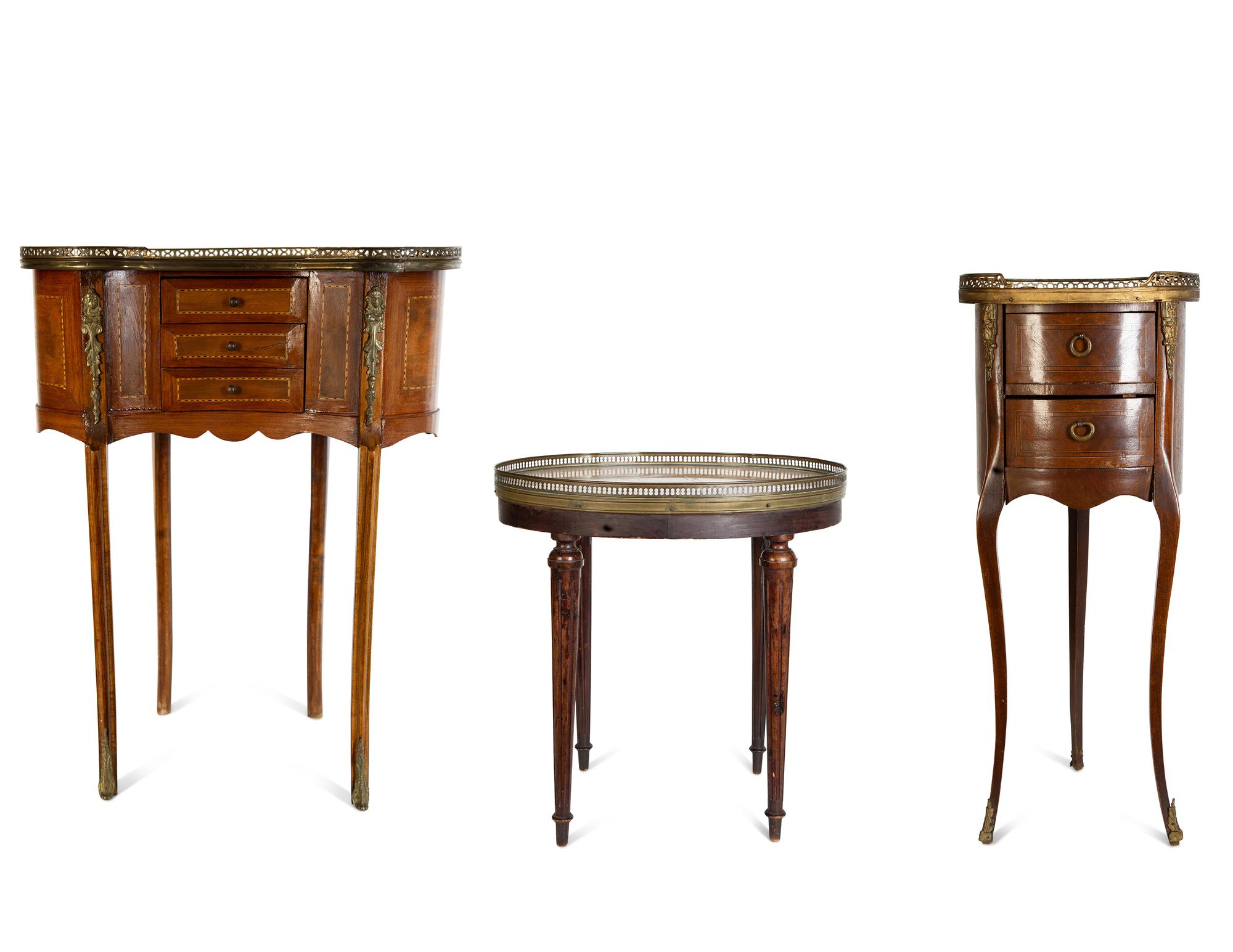 Three French Fruitwood Marble-Top Side Tables