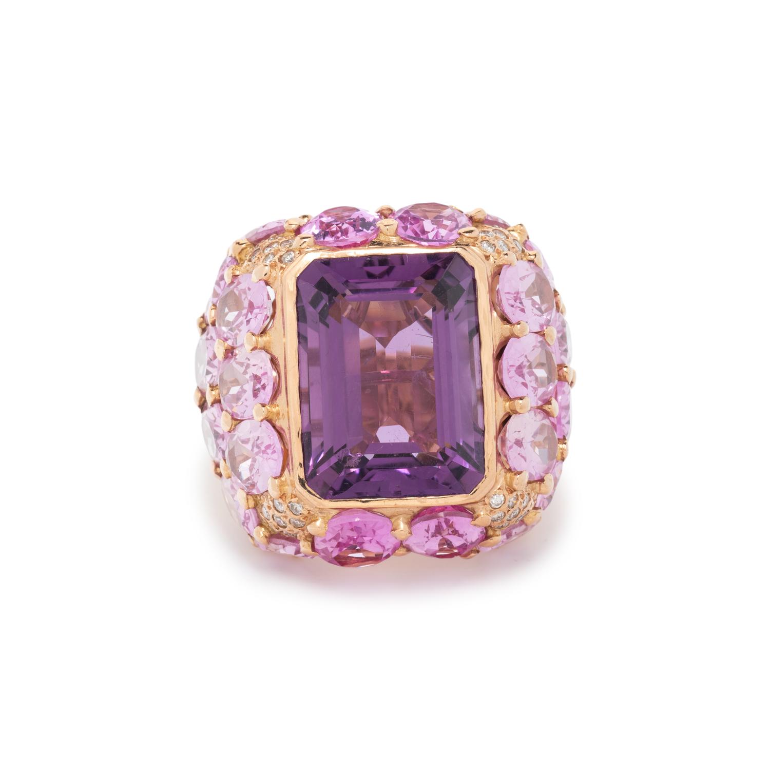 AMETHYST, SYNTHETIC PINK SAPPHIRE, AND DIAMOND RING