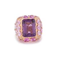 AMETHYST, SYNTHETIC PINK SAPPHIRE, AND DIAMOND RING