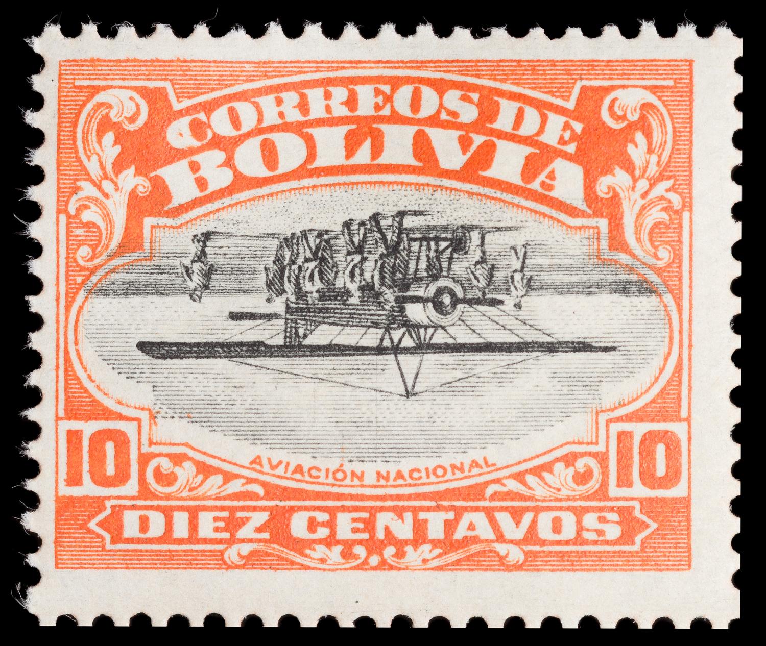 An Imprint Block of Twelve Bolivia 1924 Center Invert 10-Centavo Air Post Stamps
