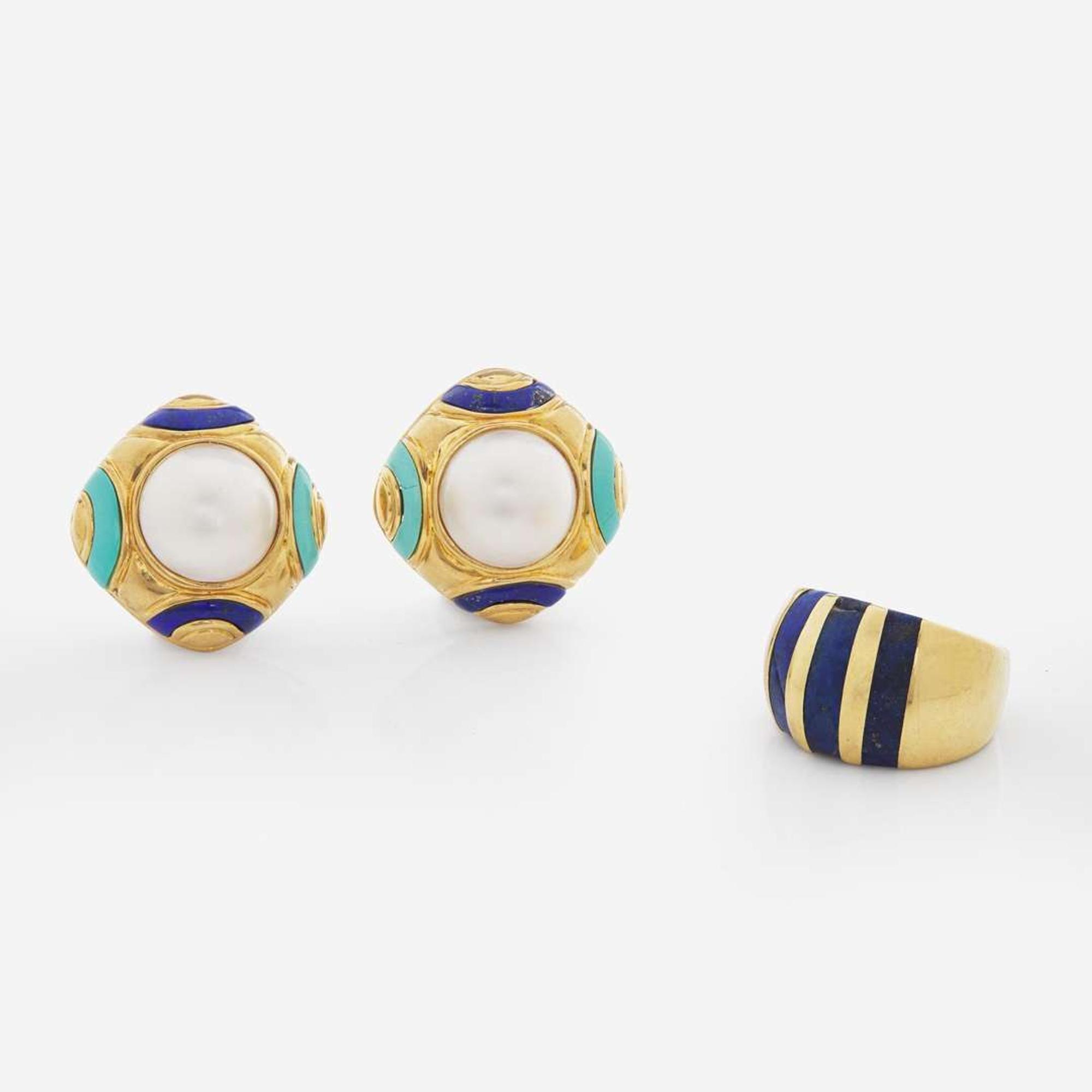 A Set of 18K Yellow Gold and Gemstone Ear Clips and Ring