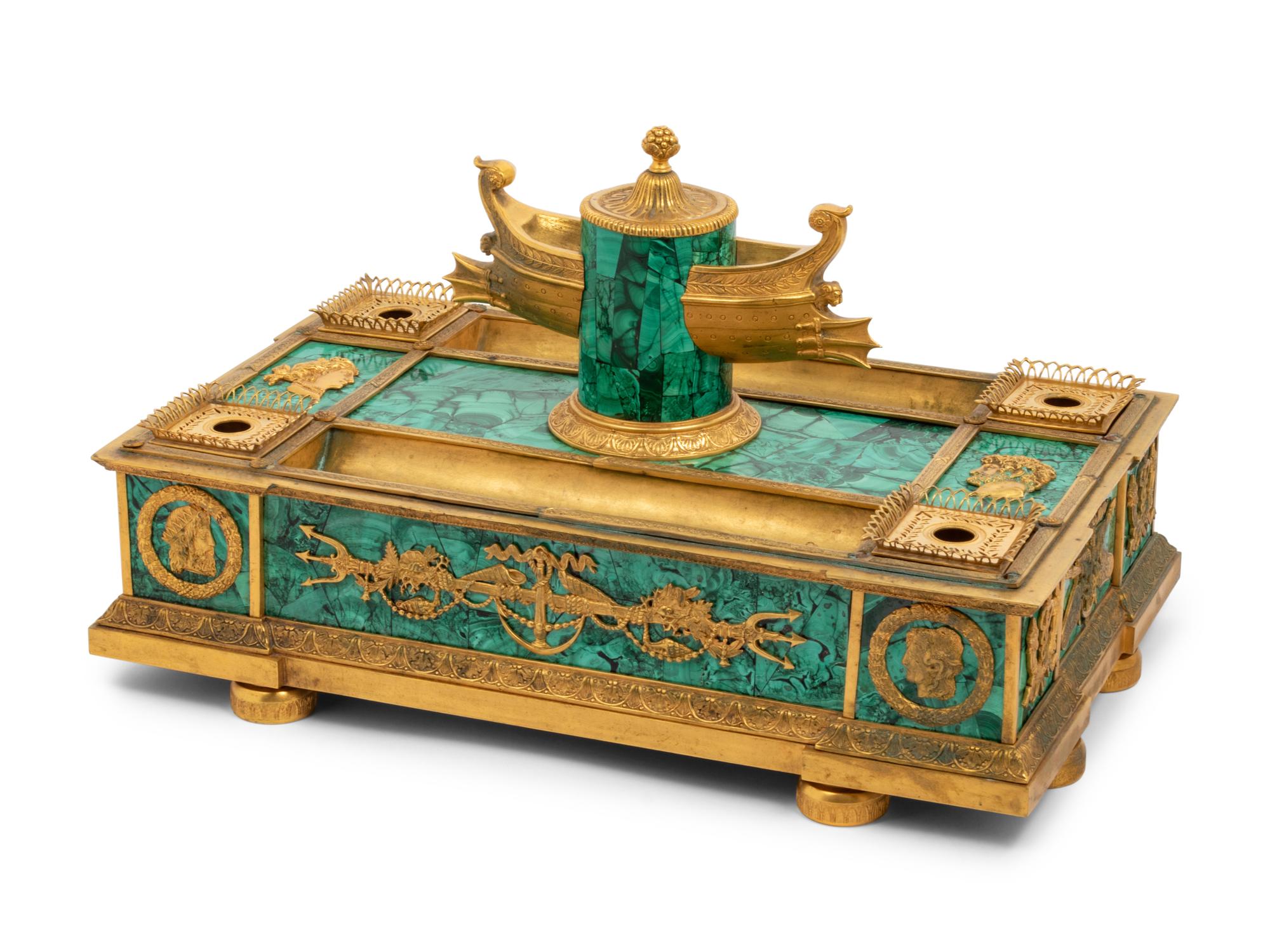 An Empire Style Gilt Bronze and Malachite Veneered Standish