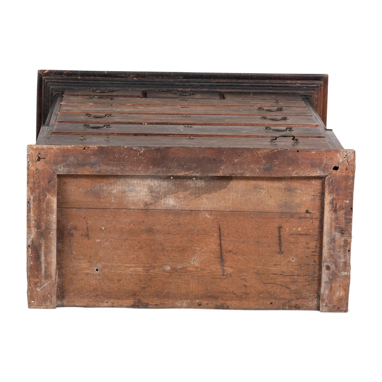 A Chippendale Carved Walnut or Cherrywood Painted Trifid Foot Chest on Stand