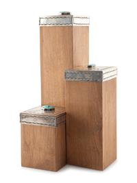 Stepped Wooden Sculptures, with Stamped Sterling Silver and Turquoise Lids