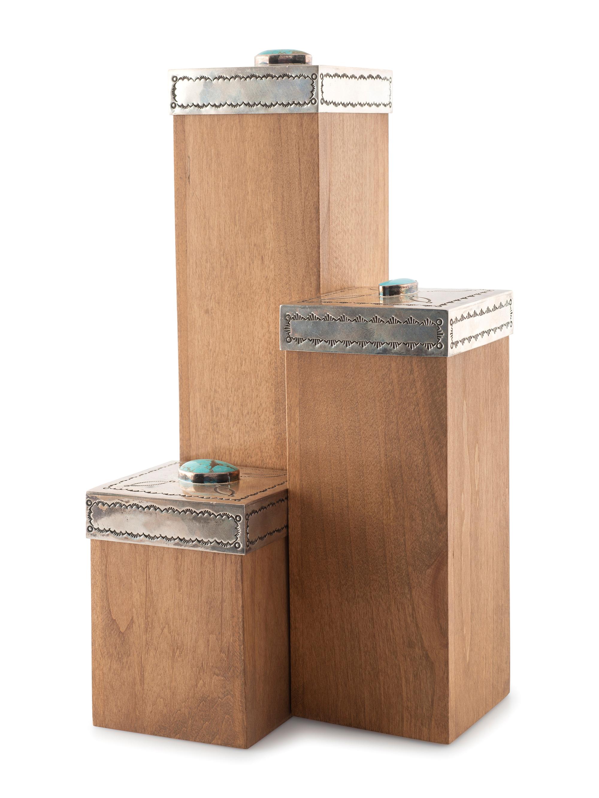 Stepped Wooden Sculptures, with Stamped Sterling Silver and Turquoise Lids