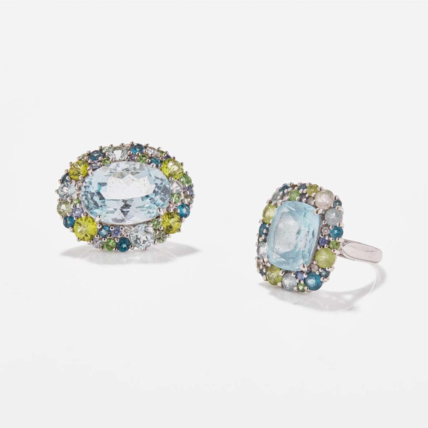 A Matching 14K White Gold and Gemstone Pendant and Ring