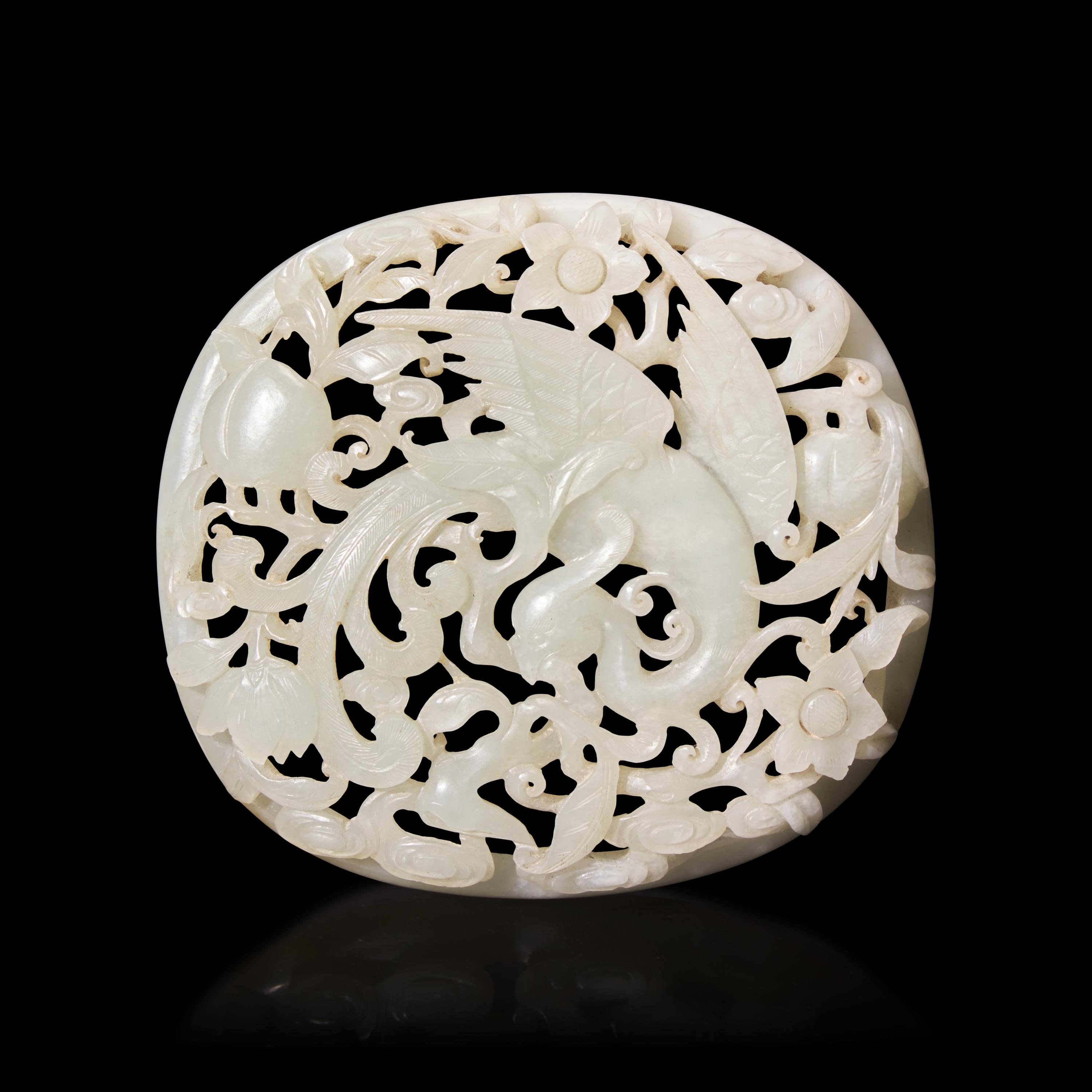 A Chinese Celadon Jade Reticulated Oval Plaque — 青玉镂雕鳳穿花佩