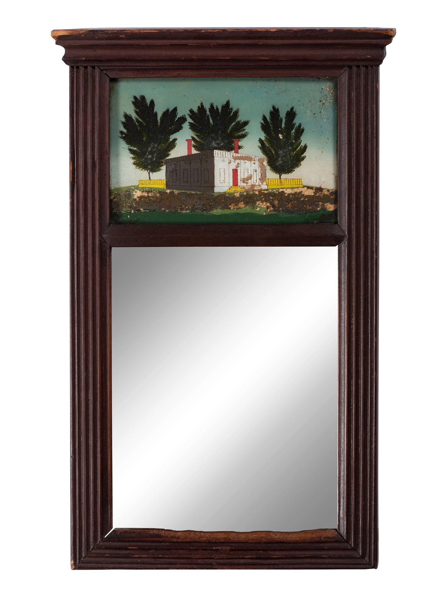A Classical Reverse Painted Panel Inset Looking Glass