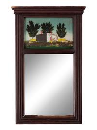 A Classical Reverse Painted Panel Inset Looking Glass