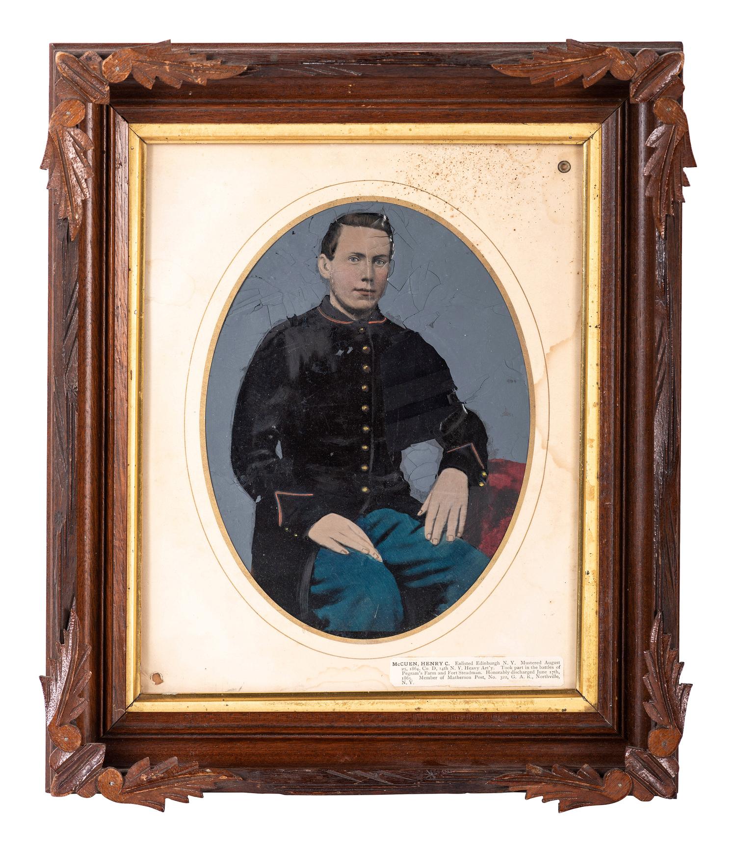 [CIVIL WAR] Private-purchase kepi and painted tintype, identified to Henry McCuen, Company D, 14th NY Heavy Artillery.
