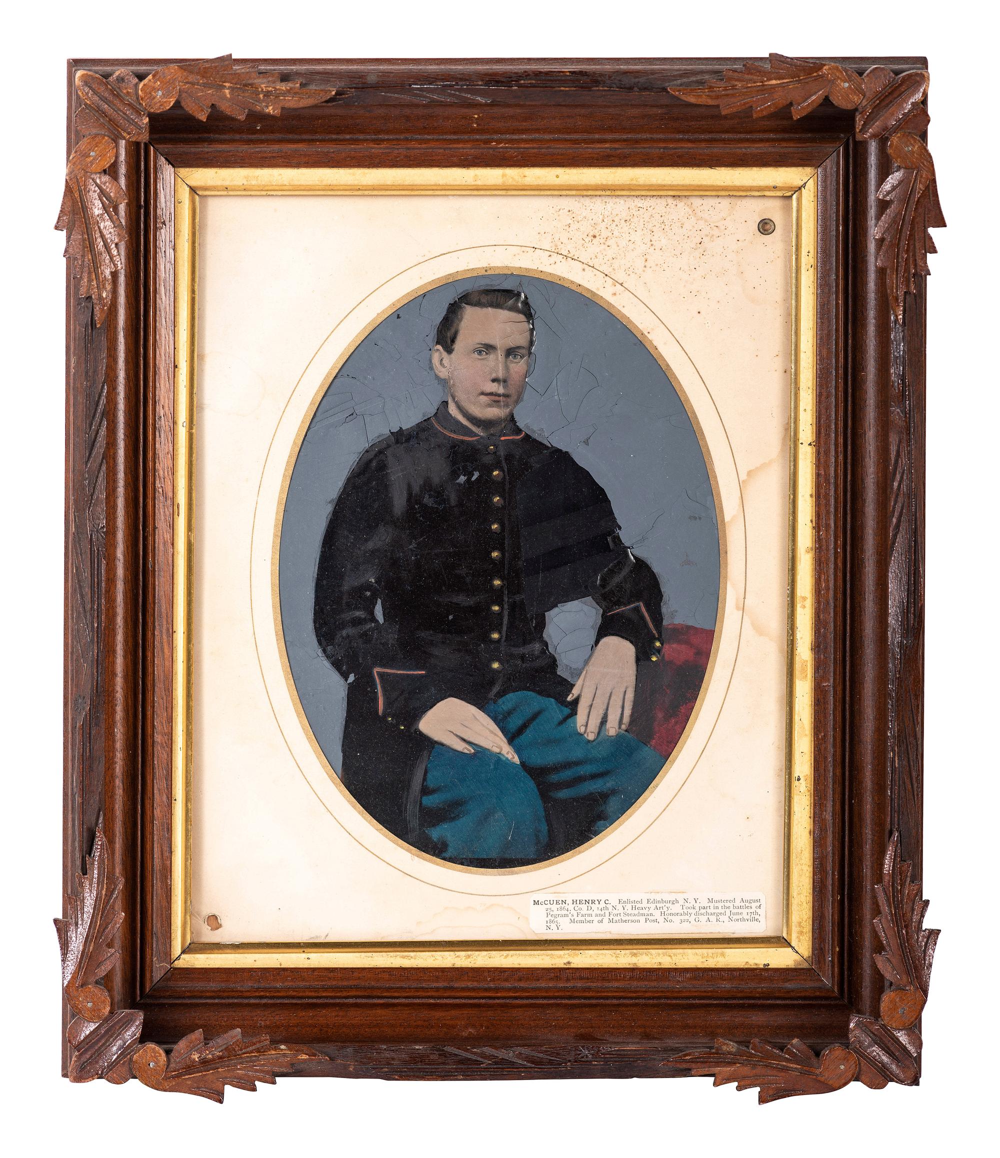 [CIVIL WAR] Private-purchase kepi and painted tintype, identified to Henry McCuen, Company D, 14th NY Heavy Artillery.