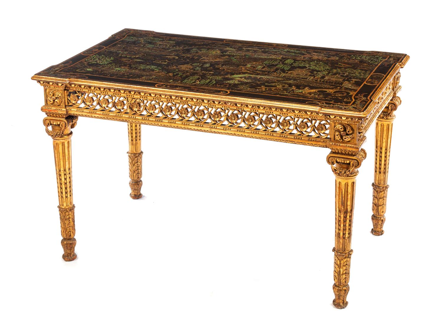 A George III Style Chinoiserie Decorated Giltwood Center Table