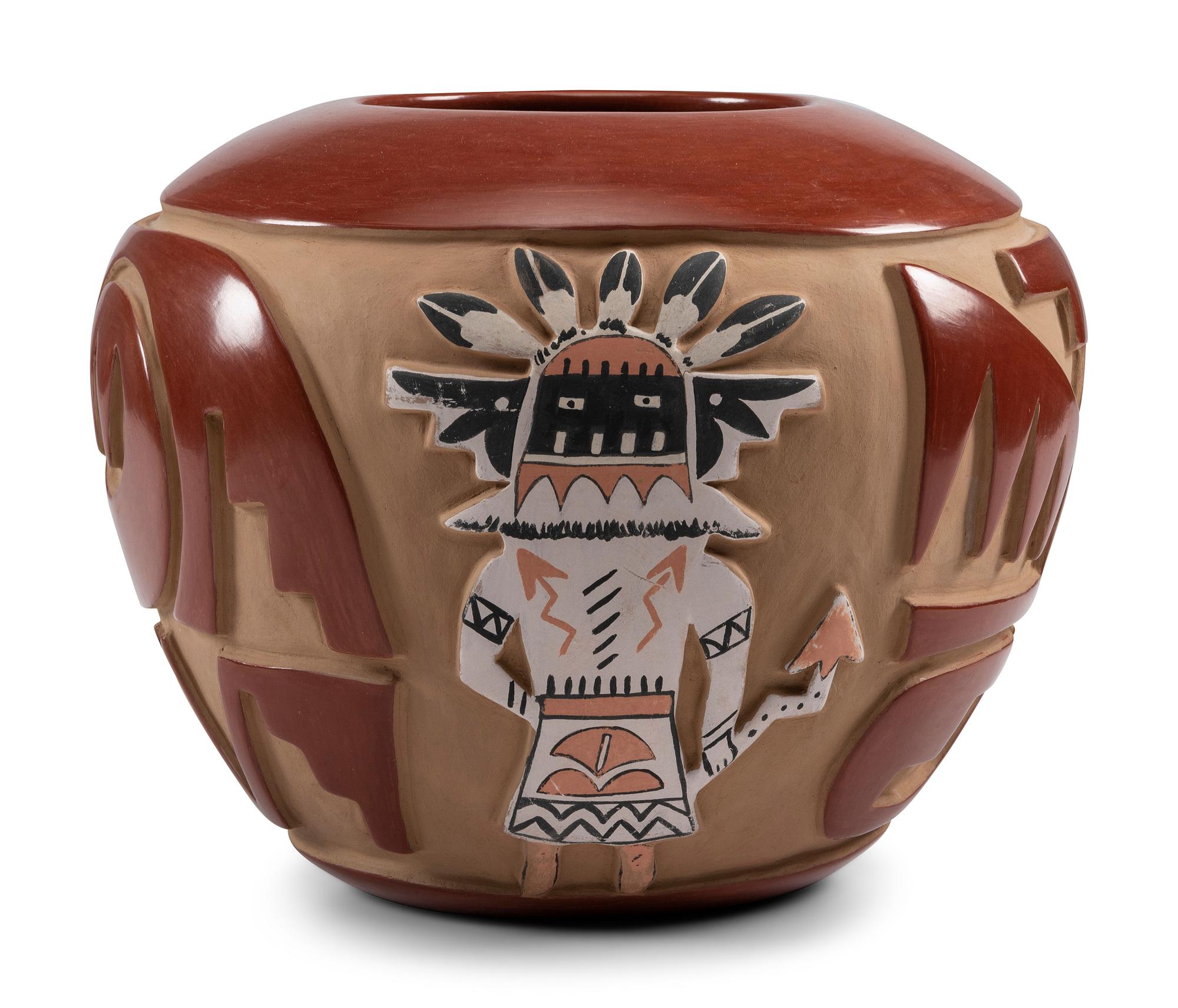Carved and Painted Redware Jar