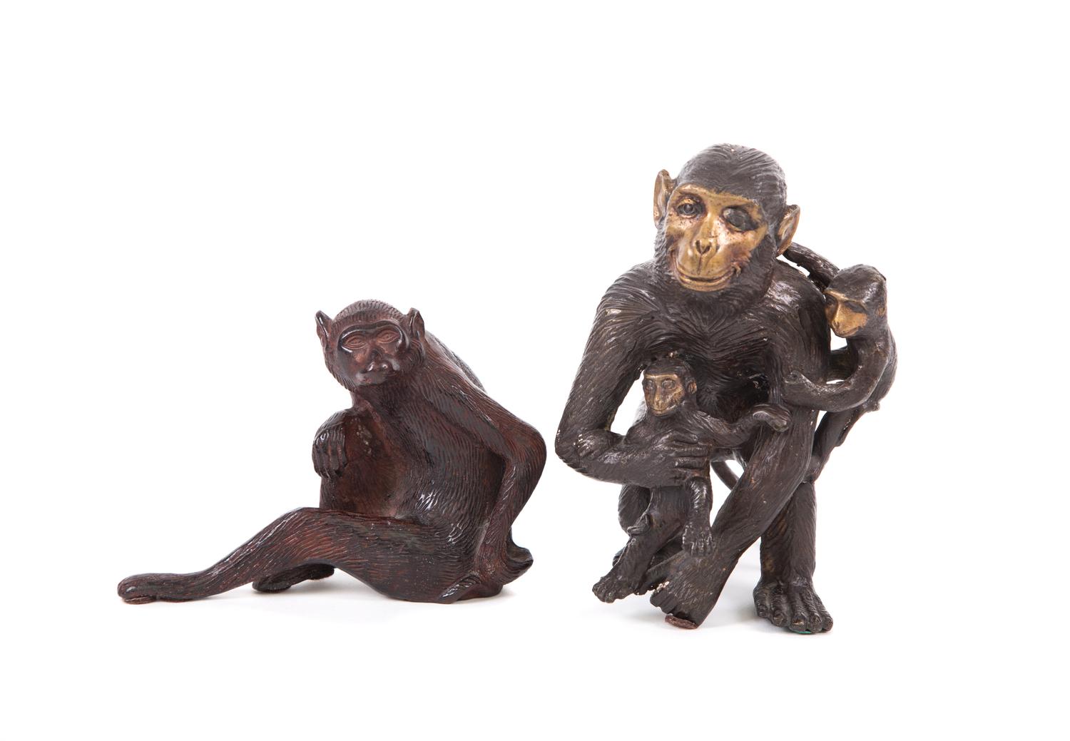 Two Patinated Bronze Sculptures of Monkeys Height of tallest 7 3/4 inches. — 20TH CENTURY