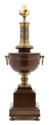 A Regency Style Brass-Mounted Treen and Tole Urn-Form Lamp Height 25 inches. — 20TH CENTURY