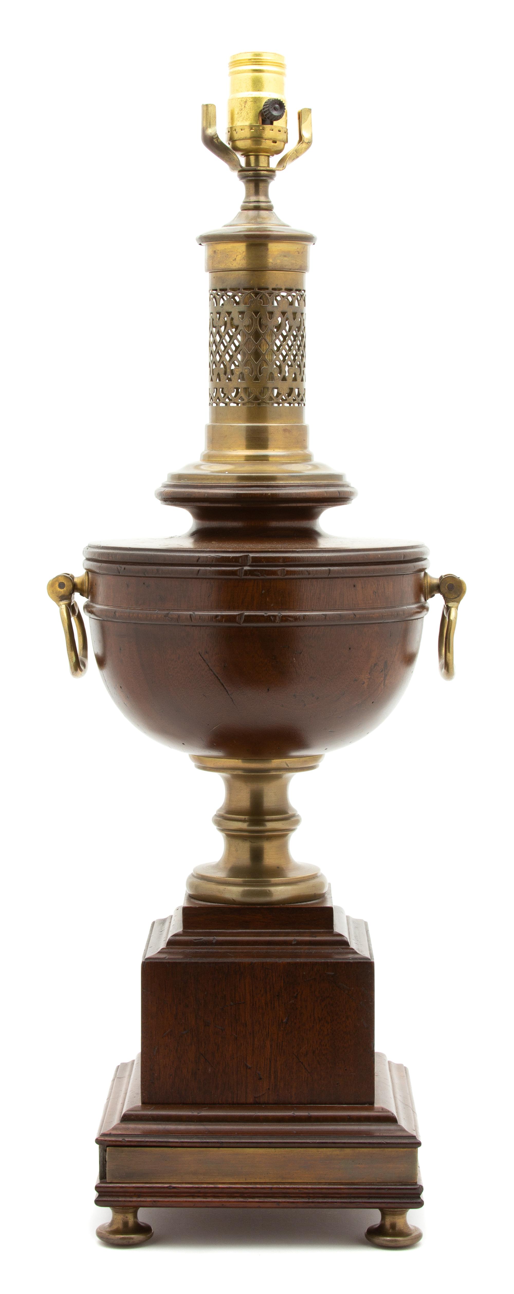 A Regency Style Brass-Mounted Treen and Tole Urn-Form Lamp Height 25 inches. — 20TH CENTURY