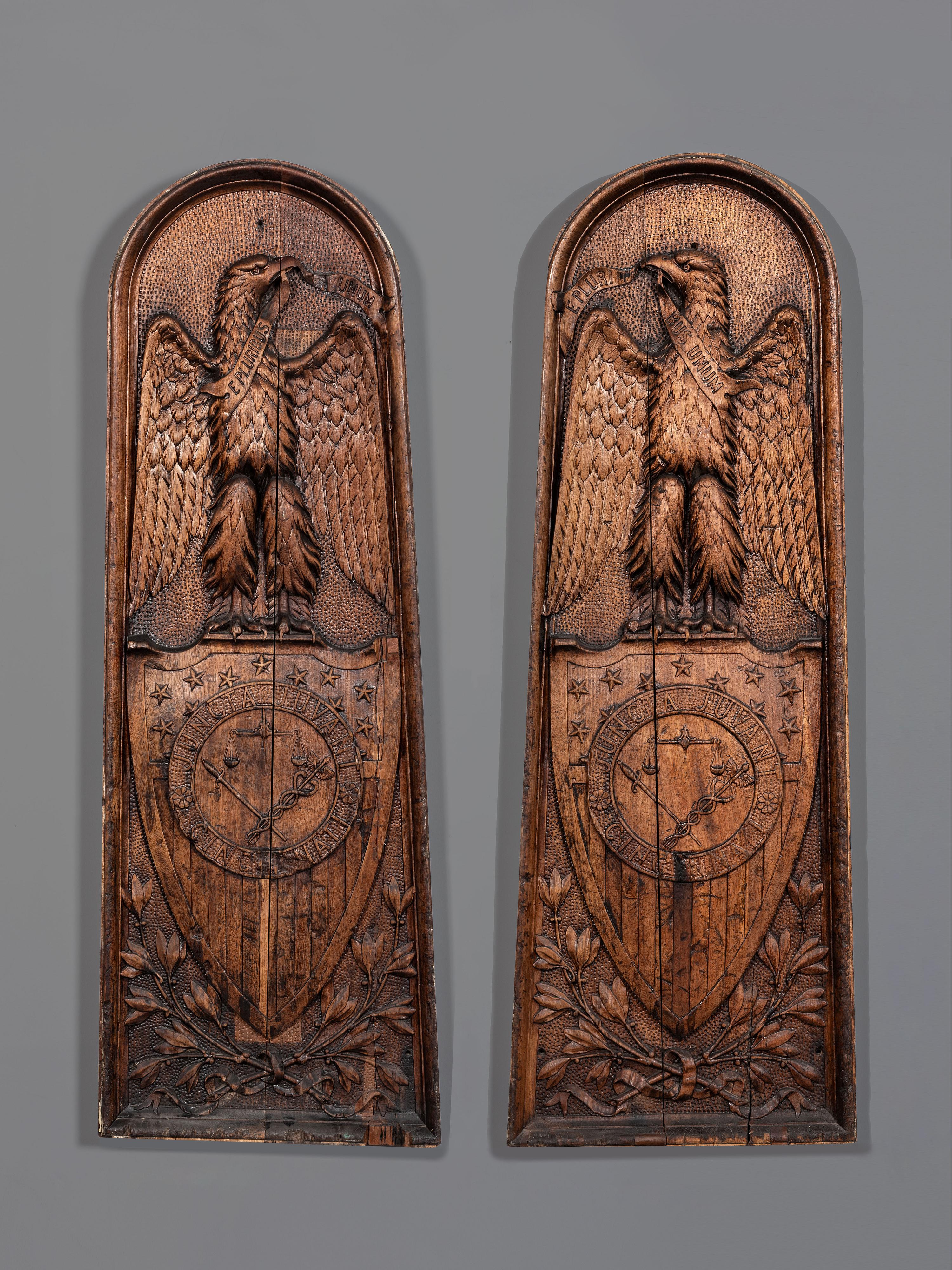 A Rare Pair of Eagle, Shield and Seal of Cincinnati Carved Walnut Ship's Gangway Boards