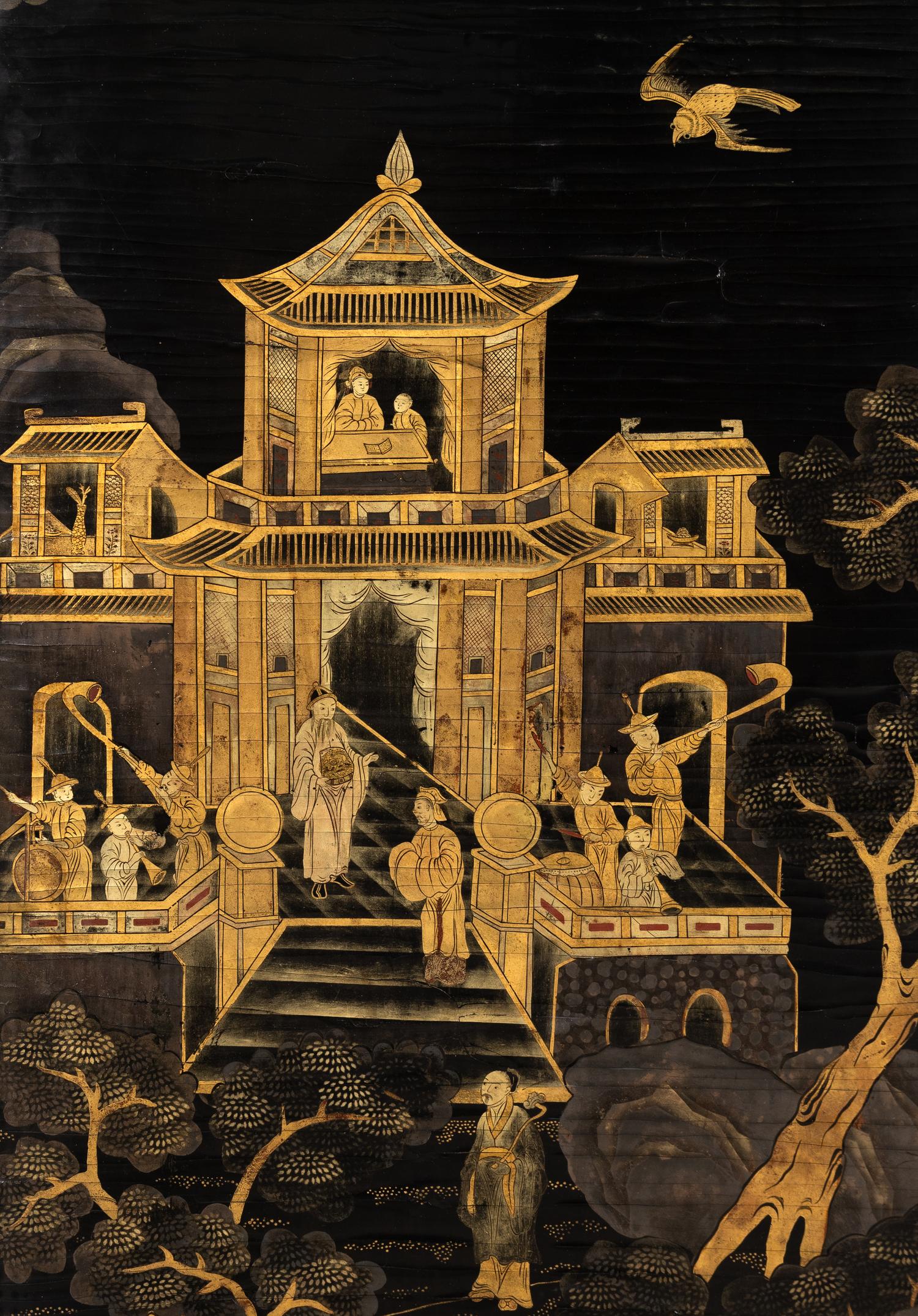 A Chinese Black and Gold Lacquer Eight-Panel Screen