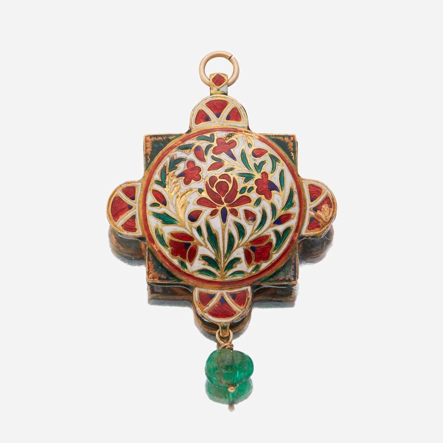 A high karat gold, Jaipur enamel, diamond, emerald, and ruby pendant