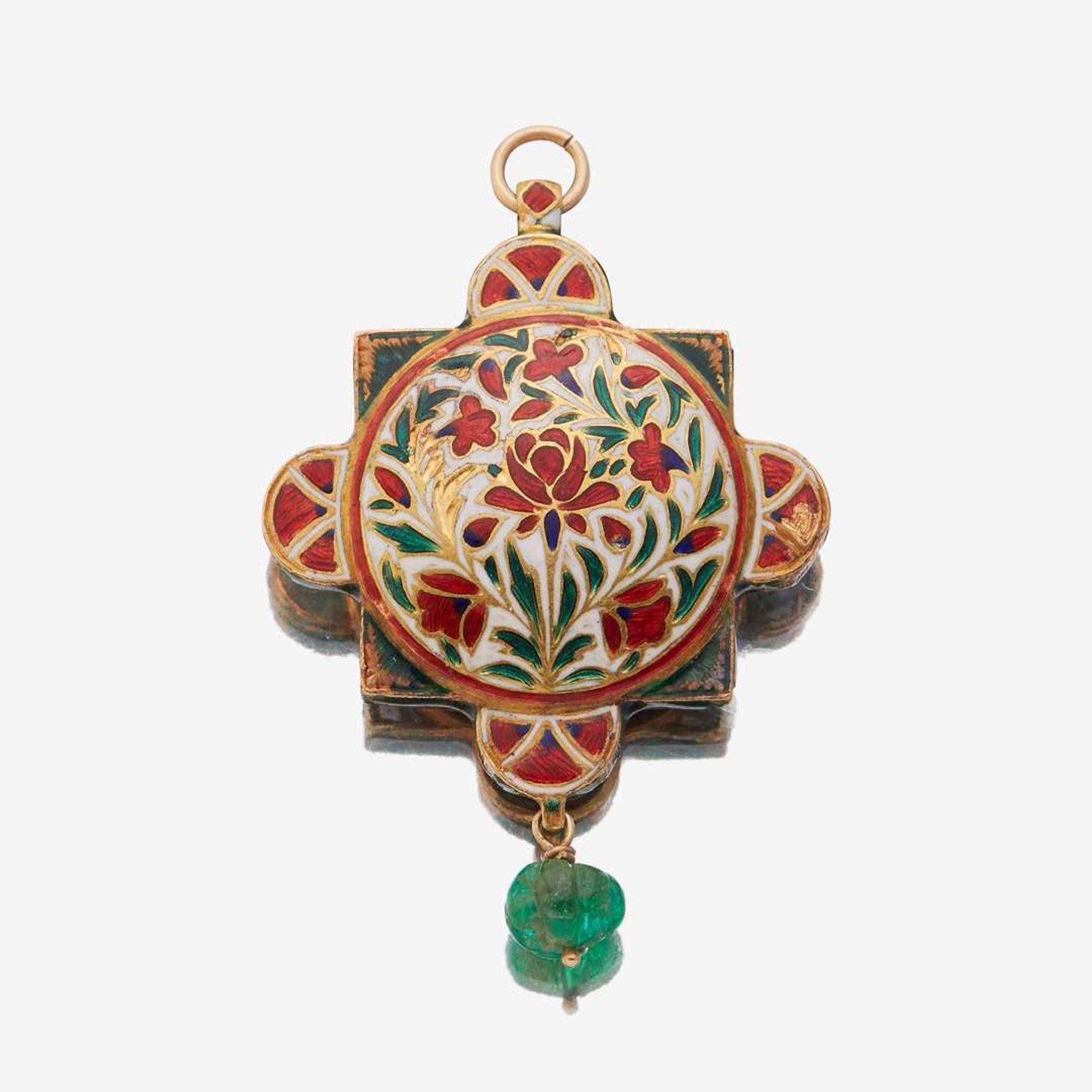 A high karat gold, Jaipur enamel, diamond, emerald, and ruby pendant