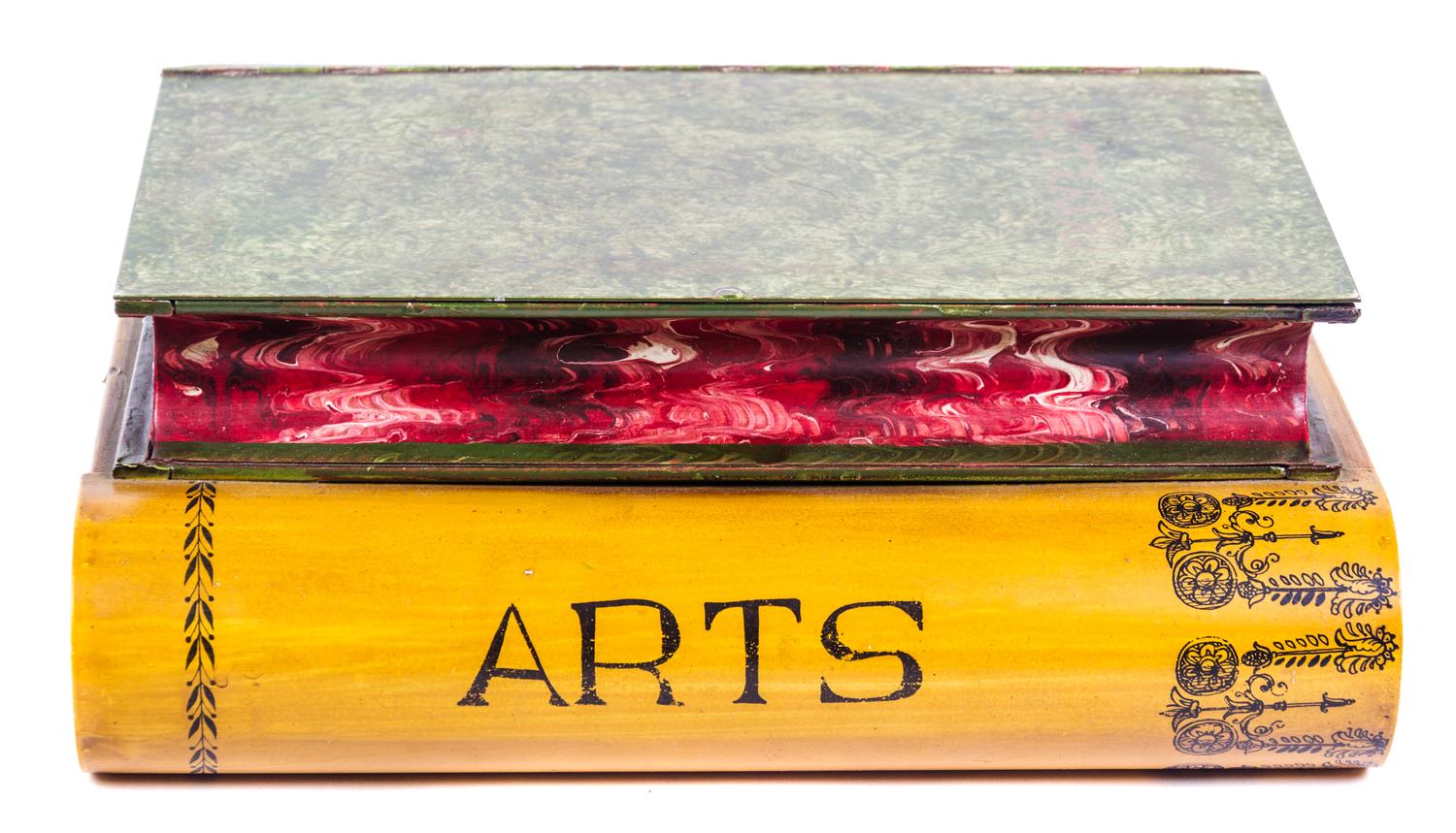 A Book Stack Form Tole Box Height 4 1/2 x length 11 x width 8 1/2 inches. — 20TH CENTURY