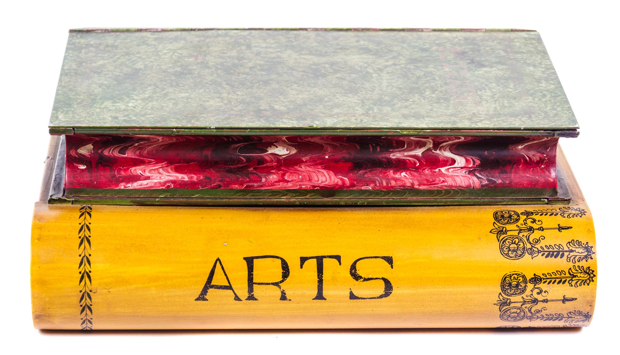A Book Stack Form Tole Box Height 4 1/2 x length 11 x width 8 1/2 inches. — 20TH CENTURY