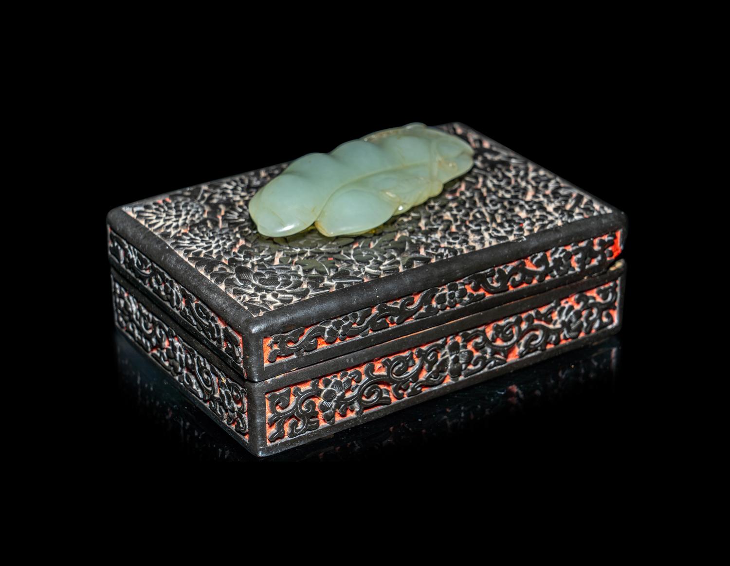 A Chinese Jade Inset Cinnabar Lacquer Rectangular Covered Box