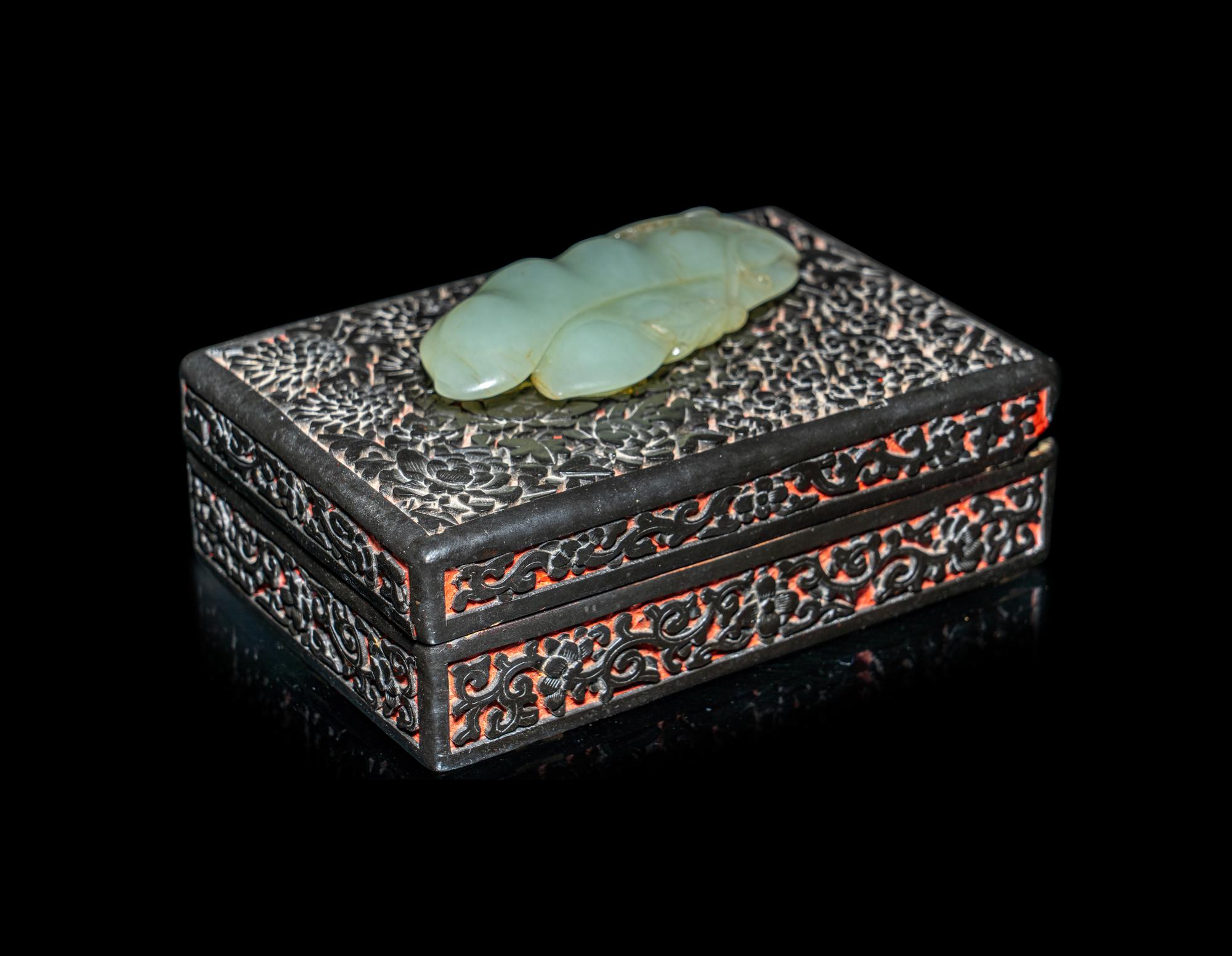 A Chinese Jade Inset Cinnabar Lacquer Rectangular Covered Box